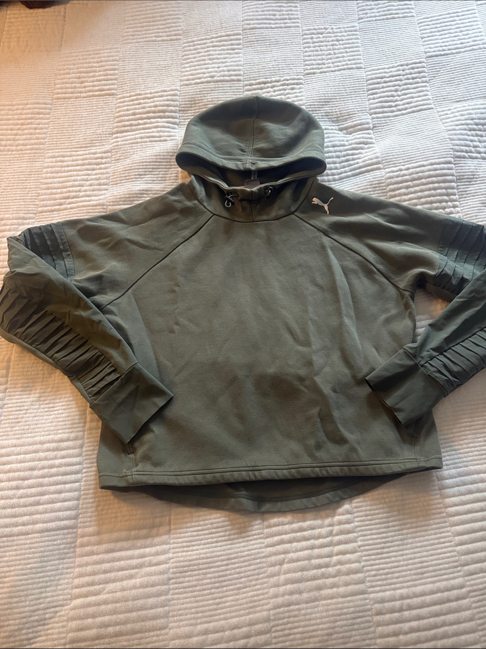 Puma Olive Hooded Sweatshirt with Ruched Sleeves